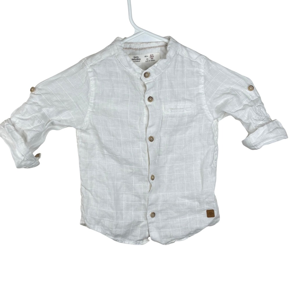 Zara Baby Boy Shirt Size 2/3 White Cotton Gauze Windowpane Roll Tab Long Sleeve